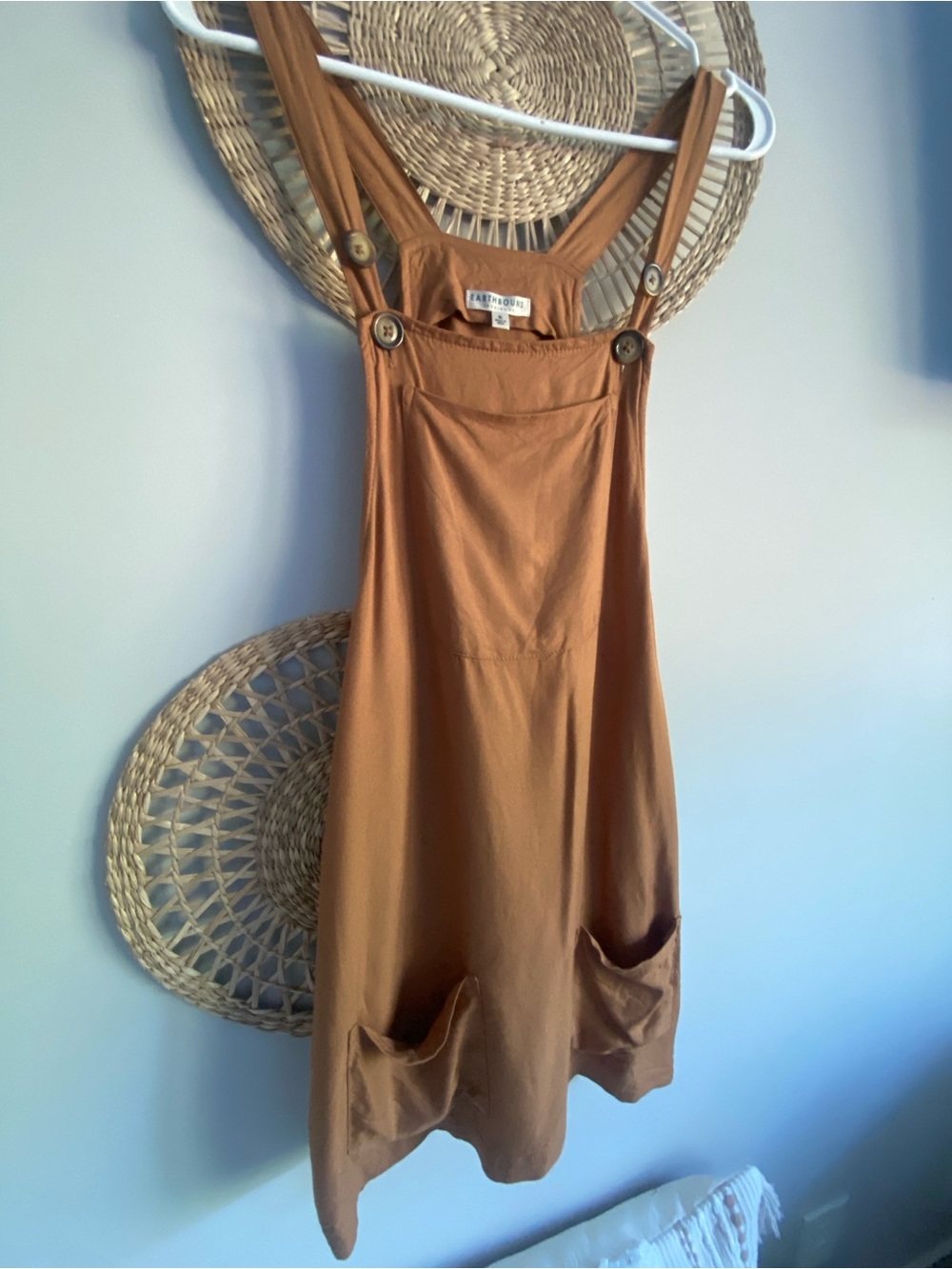 Earthbound Trading Co. Rust Brown Pinafore Jumper Dress with Front Pockets